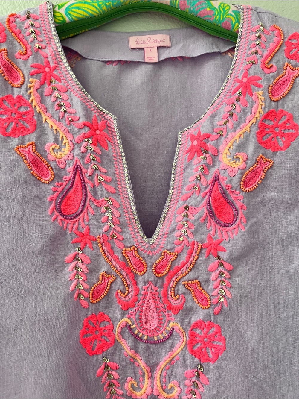 Lilly Pulitzer Linen LILAC VERBEN BEADED Amelia Island Tunic Size LARGE $188